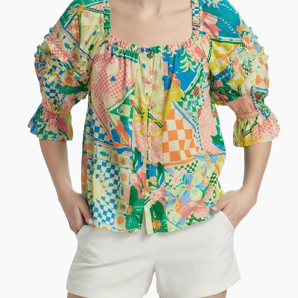 Ramy Brook Garden Lula Patchwork Multicolor Button-Front Top